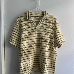 Zara Men's Cream and Black Mesh Knit Polo